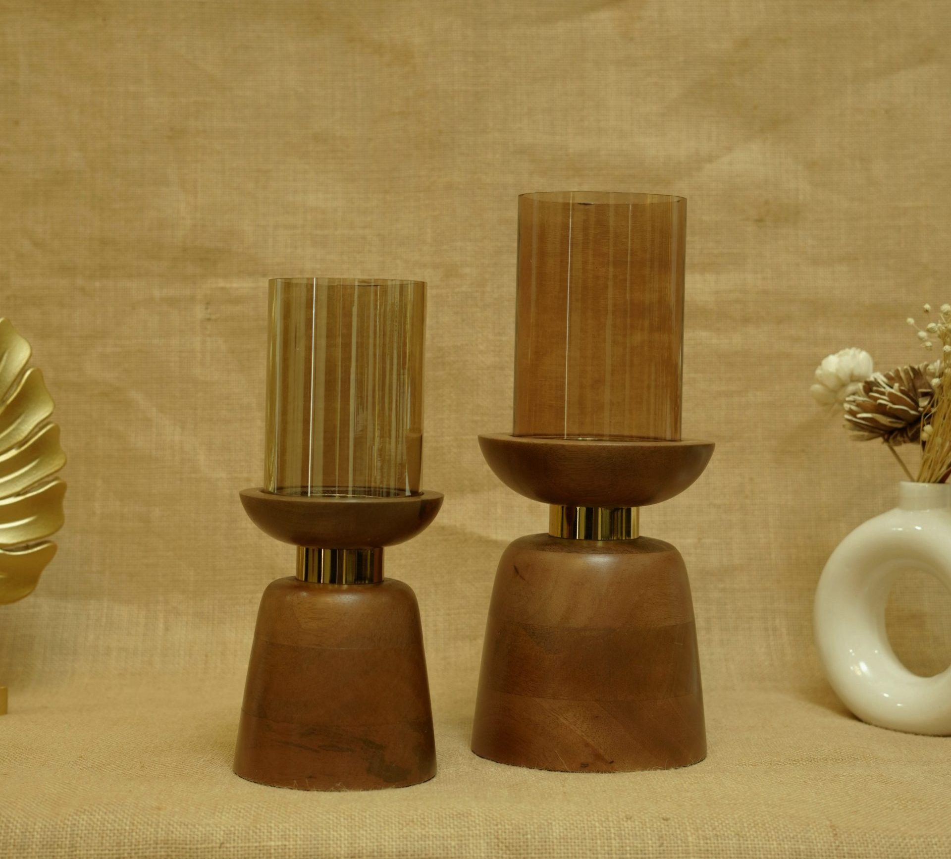 Amber Glow Wooden Candle Holders